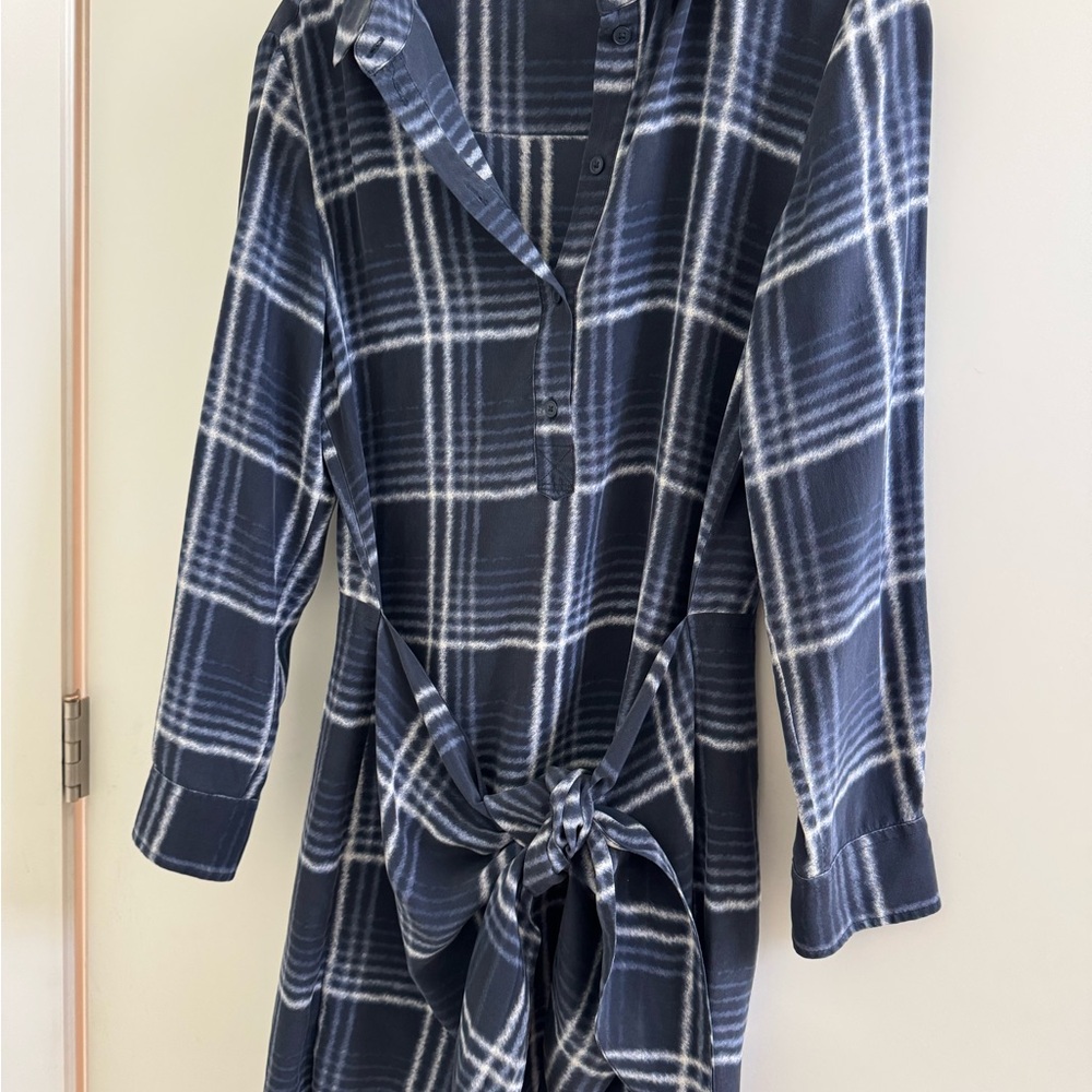 Club Monaco Blue and White Plaid Tie Belt Dress